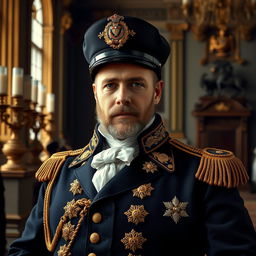A detailed portrait of a 19th-century Bourbon police chief, exuding authority and regal presence