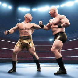 A high-resolution digital illustration captures a thrilling WWE Wrestlemania showdown