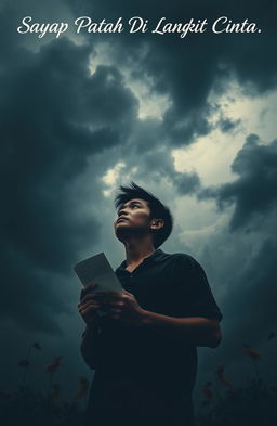A deeply emotional scene depicting a man standing under a dramatic sky filled with dark clouds, symbolizing his inner turmoil