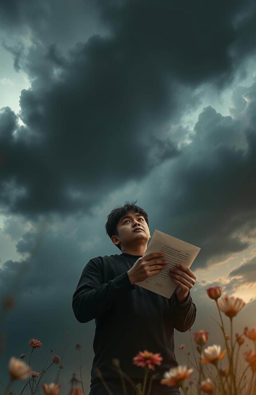 A deeply emotional scene depicting a man standing under a dramatic sky filled with dark clouds, symbolizing his inner turmoil