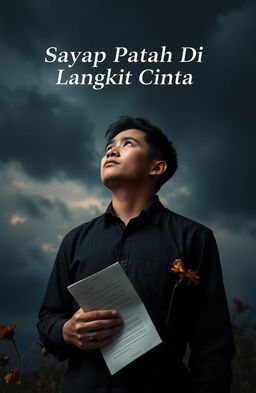 A deeply emotional scene depicting a man standing under a dramatic sky filled with dark clouds, symbolizing his inner turmoil