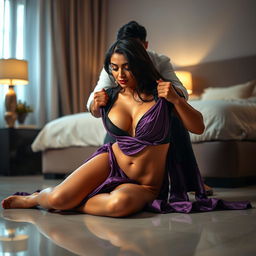 A sexy Indian brunette maid dressed in an elegant purple saree and black blouse, bending down in a stylish bedroom at night as she cleans the floor