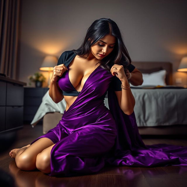 A sexy Indian brunette maid dressed in an elegant purple saree and black blouse, bending down in a stylish bedroom at night as she cleans the floor
