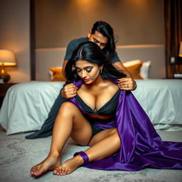 A sexy Indian brunette maid dressed in an elegant purple saree and black blouse, bending down in a stylish bedroom at night as she cleans the floor