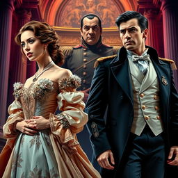 A vibrant and dramatic scene featuring the main characters from Puccini's opera 'Tosca