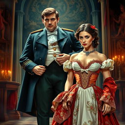A vibrant and dramatic scene featuring the main characters from Puccini's opera 'Tosca