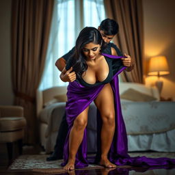 A sexy Indian brunette maid wearing a stunning purple saree and black blouse, bending over in a luxurious bedroom at night while cleaning the floor