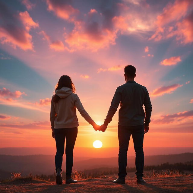 Two people holding hands in front of a beautiful, hopeful sunrise