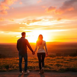 Two people holding hands in front of a beautiful, hopeful sunrise