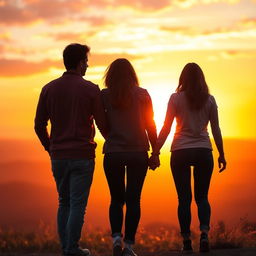 Two people holding hands in front of a beautiful, hopeful sunrise