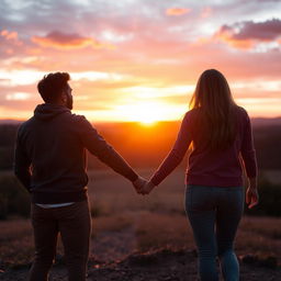 Two people holding hands in front of a beautiful, hopeful sunrise