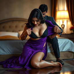 A sexy Indian brunette maid in a purple saree and black blouse, bending over in a luxurious bedroom at night while cleaning the floor