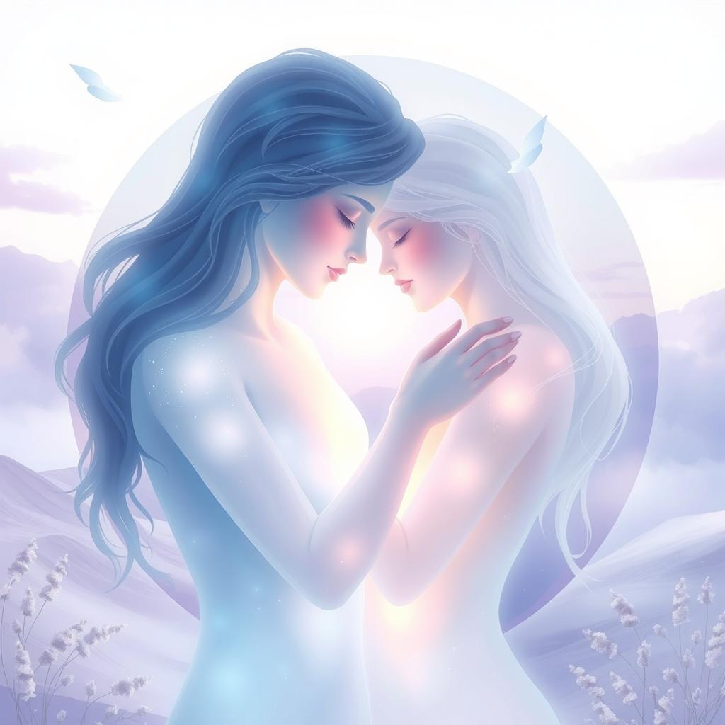 Two souls intertwined in an ethereal scenery, representing unity and connection