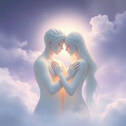 Two souls intertwined in an ethereal scenery, representing unity and connection
