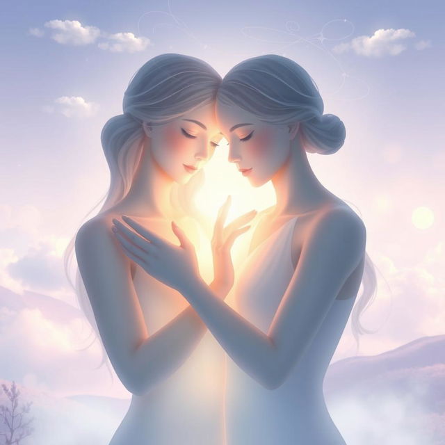 Two souls intertwined in an ethereal scenery, representing unity and connection