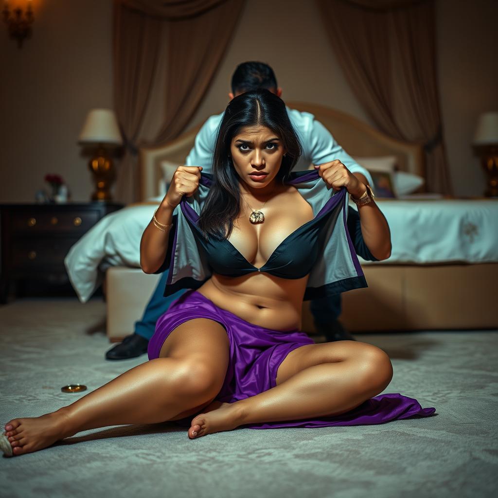 A terrified Indian brunette maid wearing a purple saree and black blouse, bending over in a luxurious bedroom at night while cleaning the floor