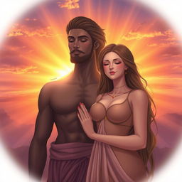 Two souls, one masculine and one feminine, depicted in a beautiful sunrise setting