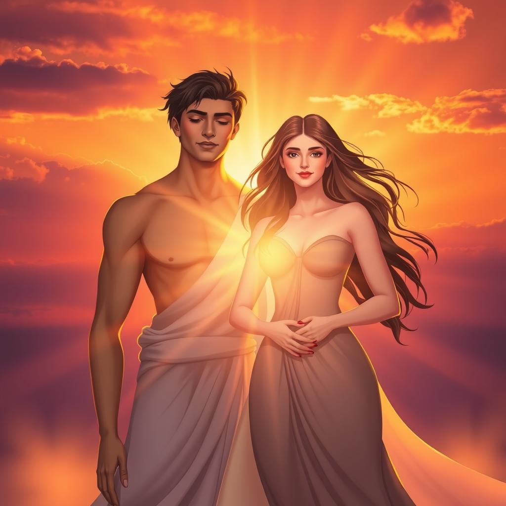 Two souls, one masculine and one feminine, depicted in a beautiful sunrise setting