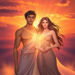 Two souls, one masculine and one feminine, depicted in a beautiful sunrise setting