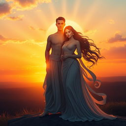 Two souls, one masculine and one feminine, depicted in a beautiful sunrise setting