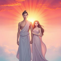 Two souls, one masculine and one feminine, depicted in a beautiful sunrise setting