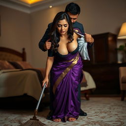 A shy Indian brunette maid in a purple saree and black blouse, bending over in a luxurious bedroom at night while cleaning the floor