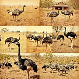A collection of historical photographs showcasing emus in various settings across Australia during the early 20th century