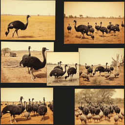 A collection of historical photographs showcasing emus in various settings across Australia during the early 20th century