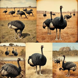 A collection of historical photographs showcasing emus in various settings across Australia during the early 20th century