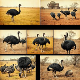 A collection of historical photographs showcasing emus in various settings across Australia during the early 20th century