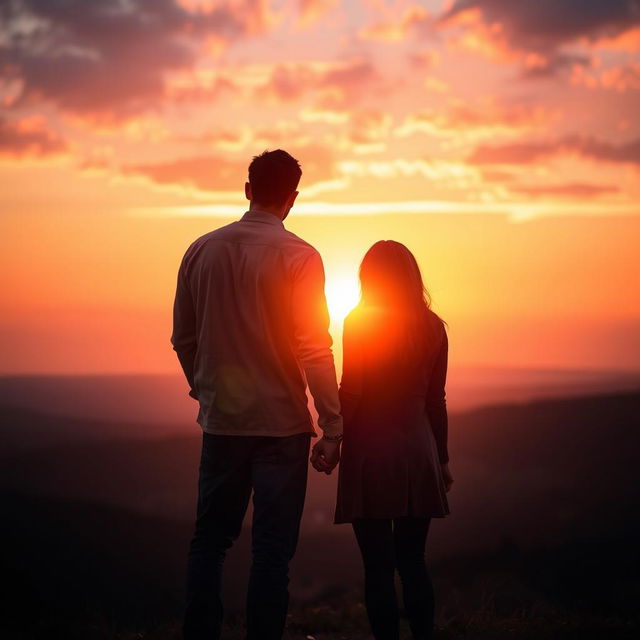 Two people holding hands, viewed from behind, standing in front of a beautiful, hopeful sunrise