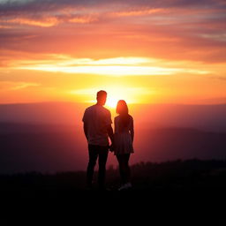 Two people holding hands, viewed from behind, standing in front of a beautiful, hopeful sunrise