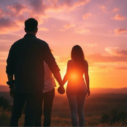 Two people holding hands, viewed from behind, standing in front of a beautiful, hopeful sunrise
