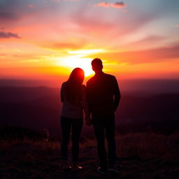 Two people holding hands, viewed from behind, standing in front of a beautiful, hopeful sunrise