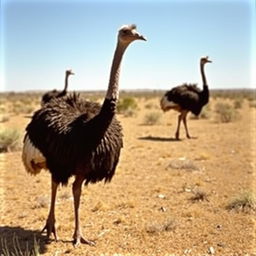 A historical photograph of emus in the Australian outback, showcasing these large birds in their natural habitat