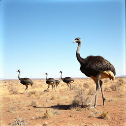 A historical photograph of emus in the Australian outback, showcasing these large birds in their natural habitat
