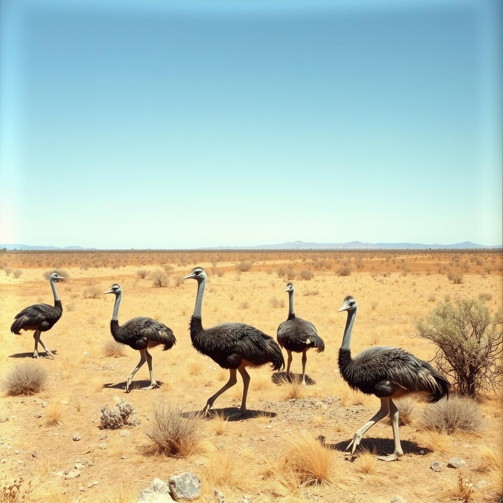 A historical photograph of emus in the Australian outback, showcasing these large birds in their natural habitat