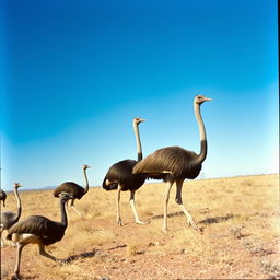 A historical photograph of emus in the Australian outback, showcasing these large birds in their natural habitat