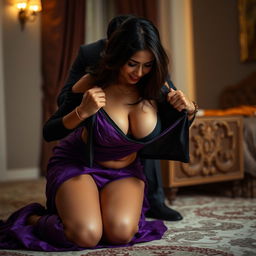 An Indian brunette maid in a purple saree and black blouse, bending over in a luxurious bedroom at night while cleaning the floor