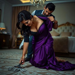 An Indian brunette maid in a purple saree and black blouse, bending over in a luxurious bedroom at night while cleaning the floor