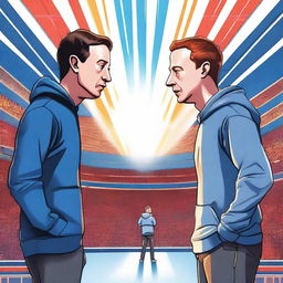 A high-resolution digital painting captures a hypothetical face-off between Elon Musk and Mark Zuckerberg