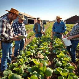 Farmers inspecting damaged crops in a vast agricultural field