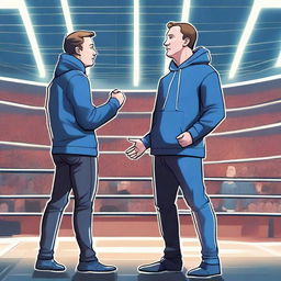 A high-resolution digital painting captures a hypothetical face-off between Elon Musk and Mark Zuckerberg