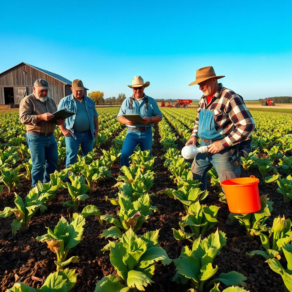 Farmers inspecting damaged crops in a vast agricultural field