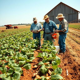 Farmers inspecting damaged crops in a vast agricultural field