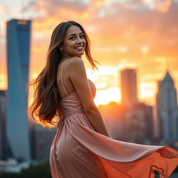 A beautiful woman standing confidently in a vibrant cityscape during sunset, wearing an elegant dress that flows gracefully with the breeze