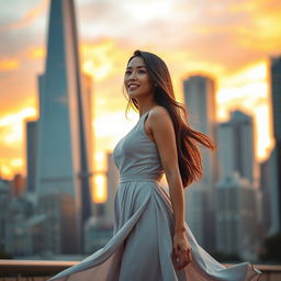 A beautiful woman standing confidently in a vibrant cityscape during sunset, wearing an elegant dress that flows gracefully with the breeze