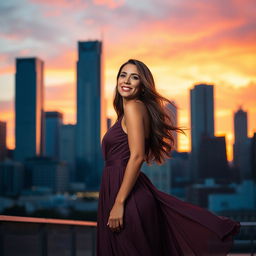 A beautiful woman standing confidently in a vibrant cityscape during sunset, wearing an elegant dress that flows gracefully with the breeze