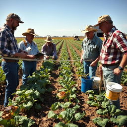 Farmers inspecting damaged crops in a vast agricultural field
