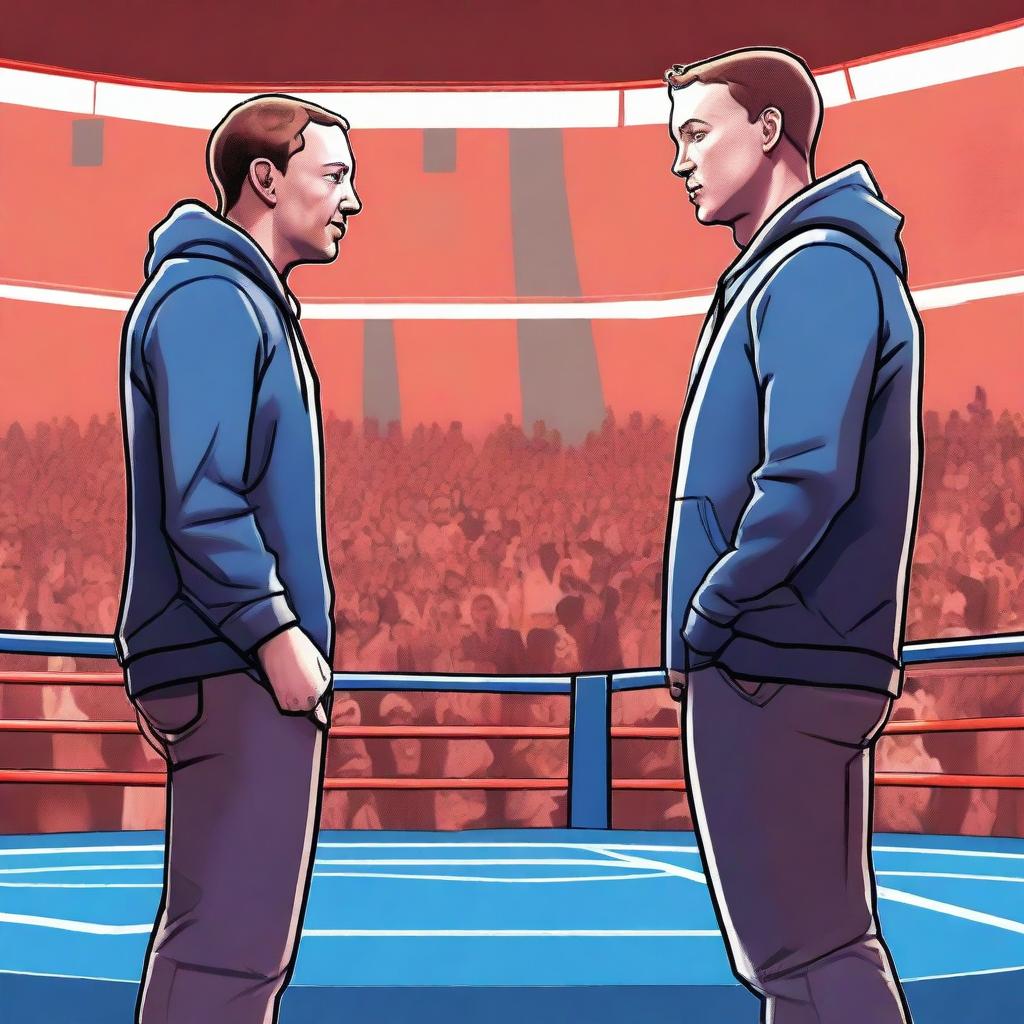 A high-resolution digital painting captures a hypothetical face-off between Elon Musk and Mark Zuckerberg